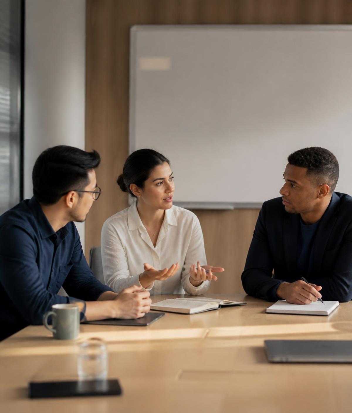 Three colleagues discussing project feasibility around a meeting table