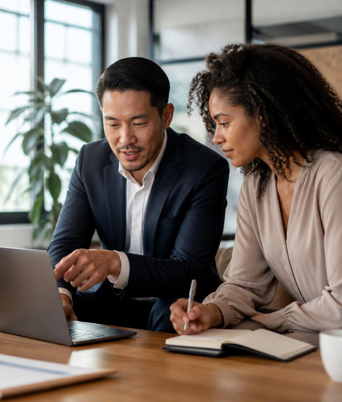 Two colleagues reviewing a project progress update together at a laptop