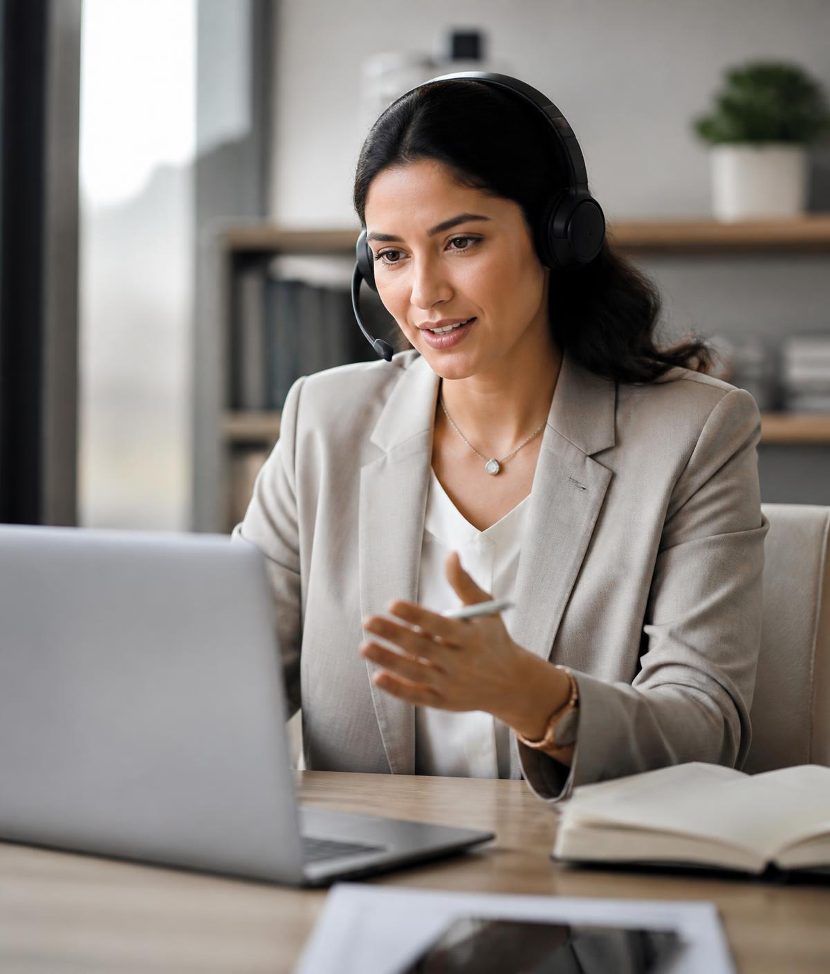 A recruiter with a headset screening a participant at a laptop