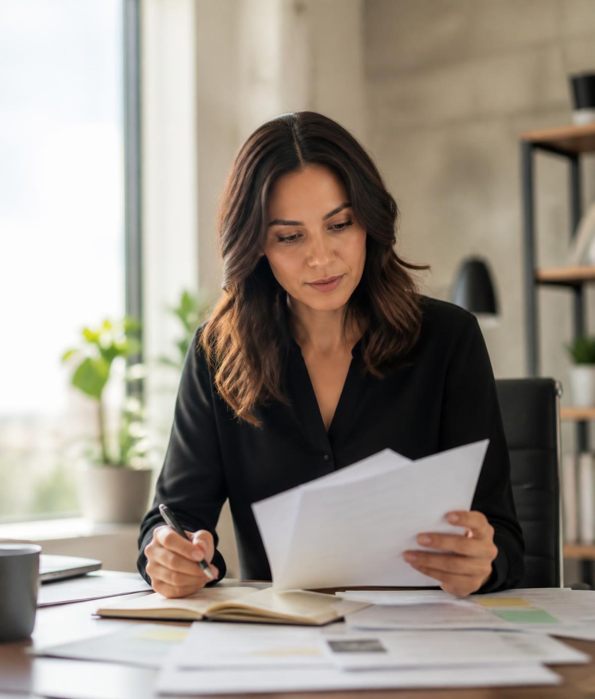 A project manager reviewing printed study requirements and notes at a desk