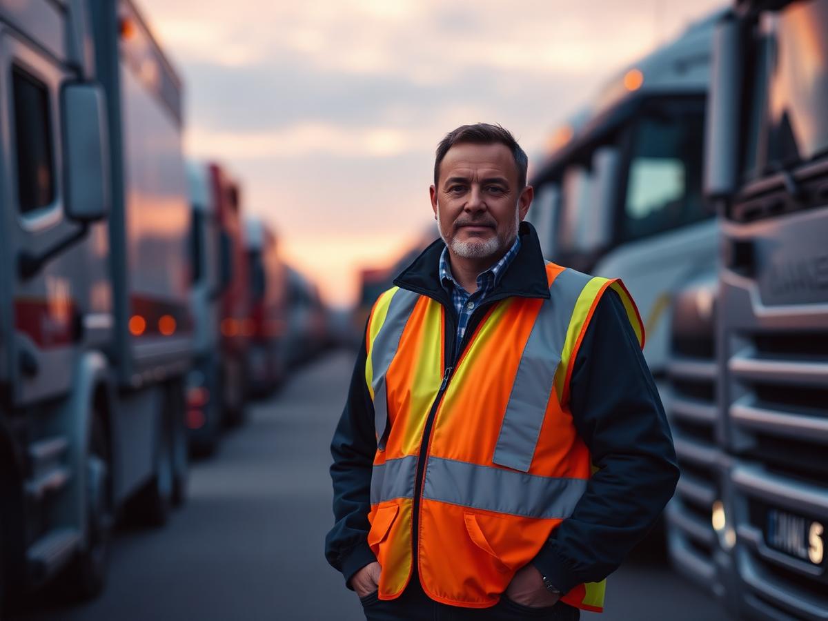 A fleet manager standing between rows of commercial trucks at dusk