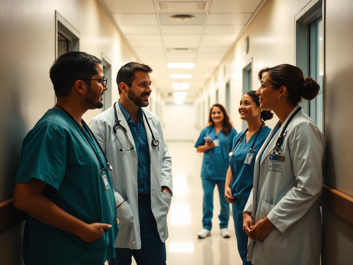 Physicians and nurses talking together in a hospital corridor